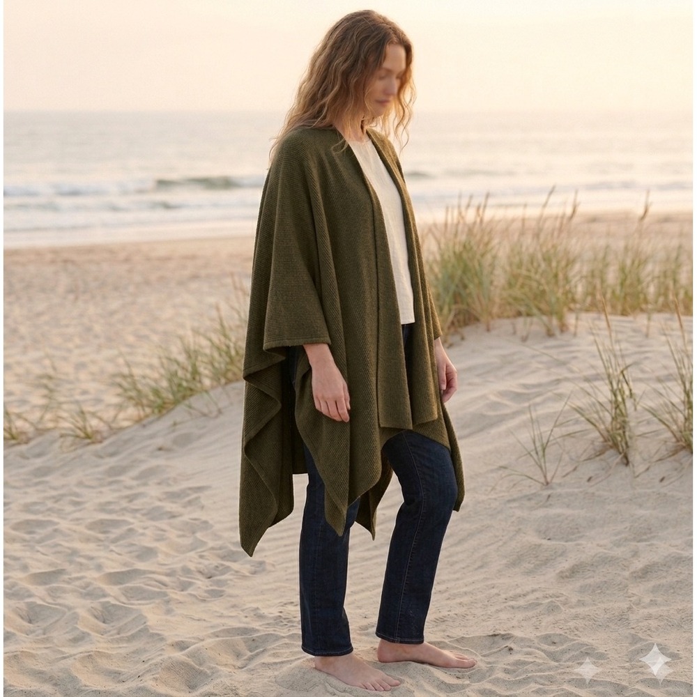 Peruvian Soul Alpaca Olive Knit Shawl Wrap Poncho Cape Ruana w/ Horn‎ Toggle Pin